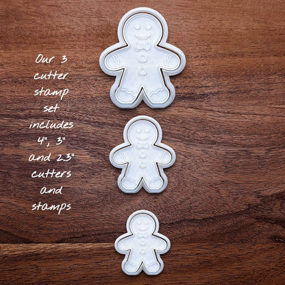 Gingerbread cookie cutter and stamp set for Christmas baking—includes three sizes and matching stamps to easily press in sweet festive details.
