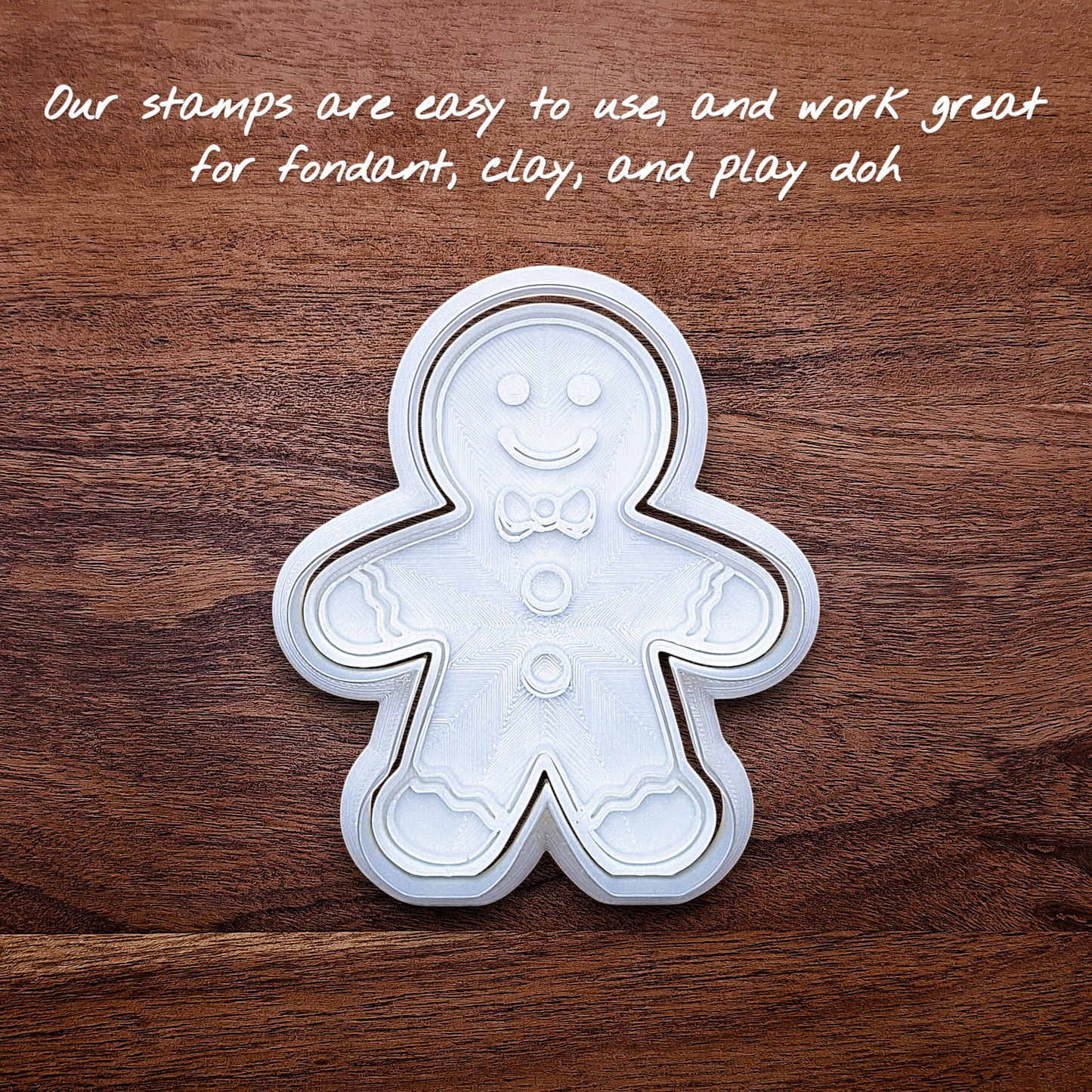 Xmas gingerbread man cookie cutter with matching stamp – add festive details easily to your Christmas cookies, fondant, or clay crafts.