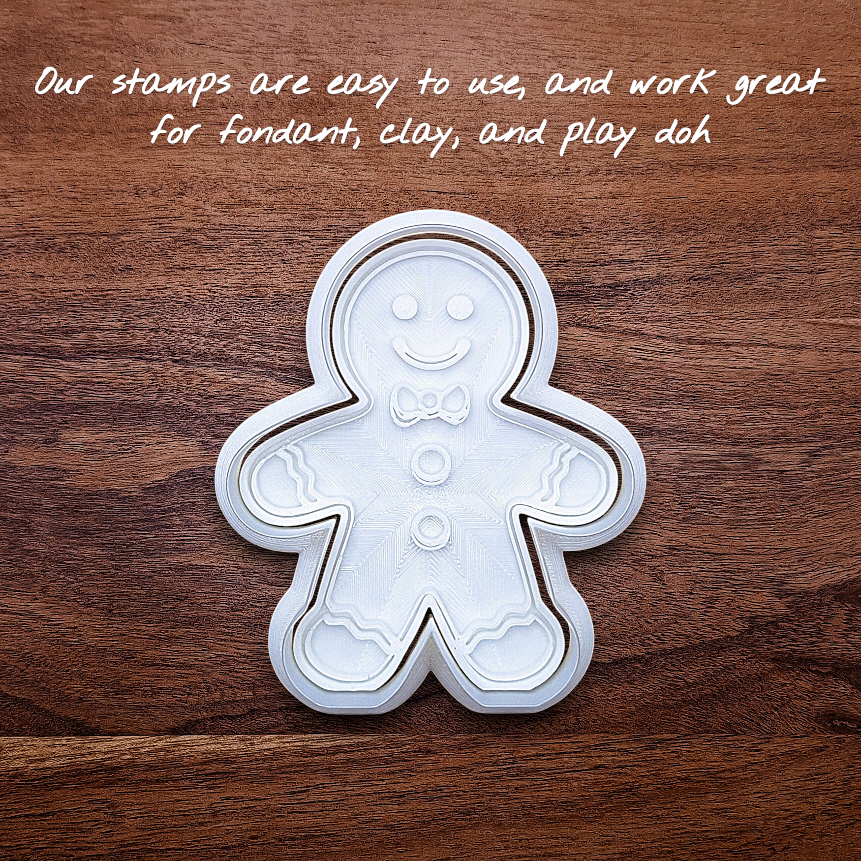 Xmas gingerbread man cookie cutter with matching stamp – add festive details easily to your Christmas cookies, fondant, or clay crafts.