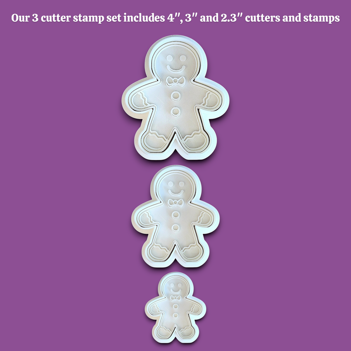 Three gingerbread man-shaped cookie cutters in sizes 4 inches, 3 inches, and 2.3 inches, shown vertically stacked on a purple background with text at the top describing the set.