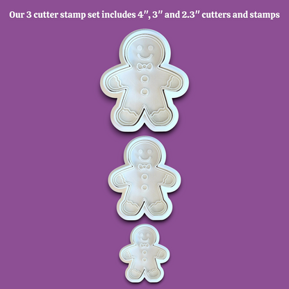 Three gingerbread man-shaped cookie cutters in sizes 4 inches, 3 inches, and 2.3 inches, shown vertically stacked on a purple background with text at the top describing the set.