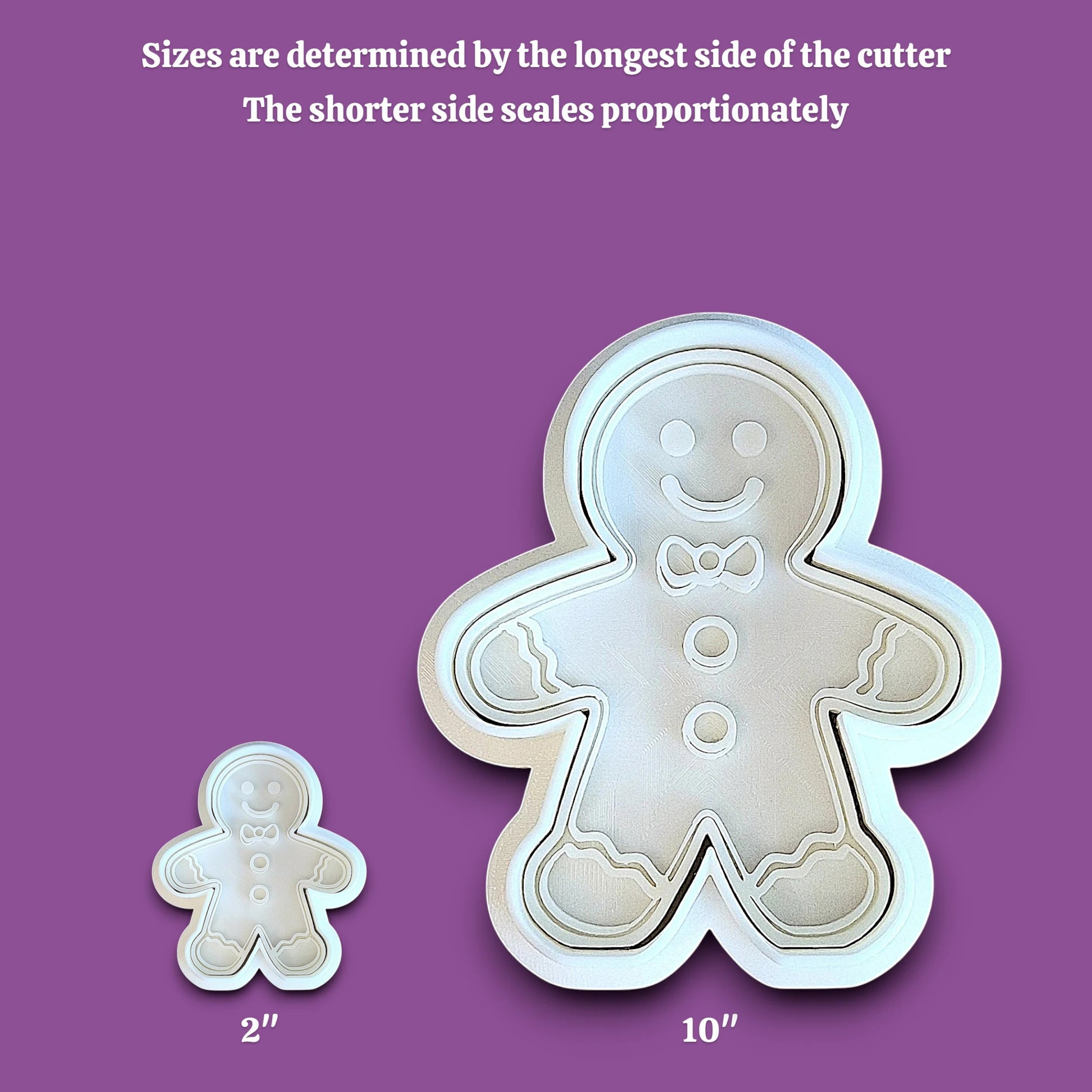 Two gingerbread man cookie cutters, one small labeled 2 inches and one large labeled 10 inches, with text above explaining size determination by the longest side.