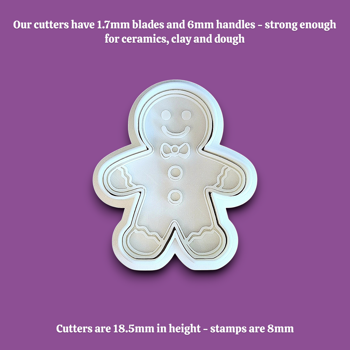 A gingerbread man cookie cutter shown with black text above and below describing blade and stamp sizes.