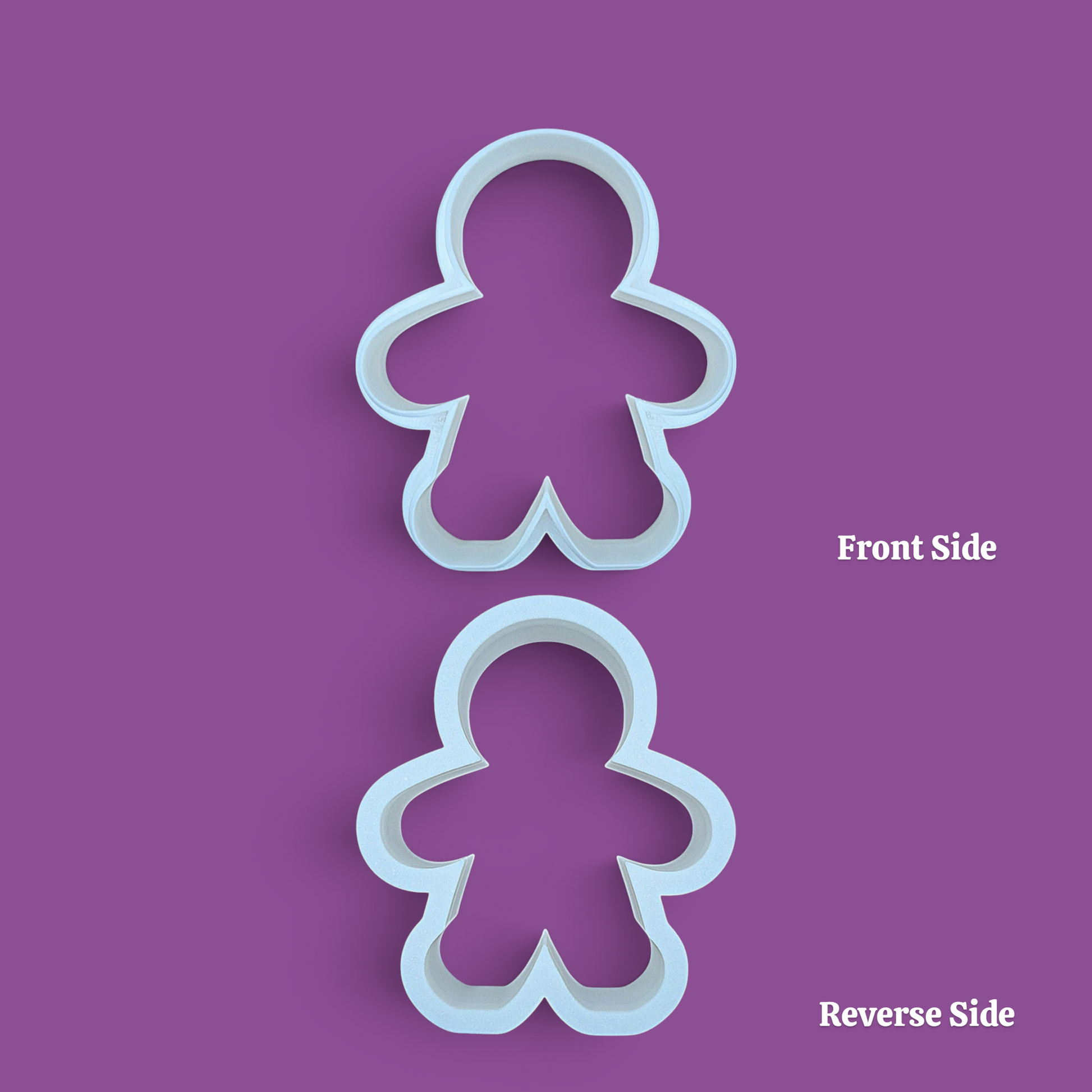 Gingerbread man cookie cutter without stamp shown front and reverse – choose your perfect size and color for holiday cookies, fondant toppers, or festive baking projects.