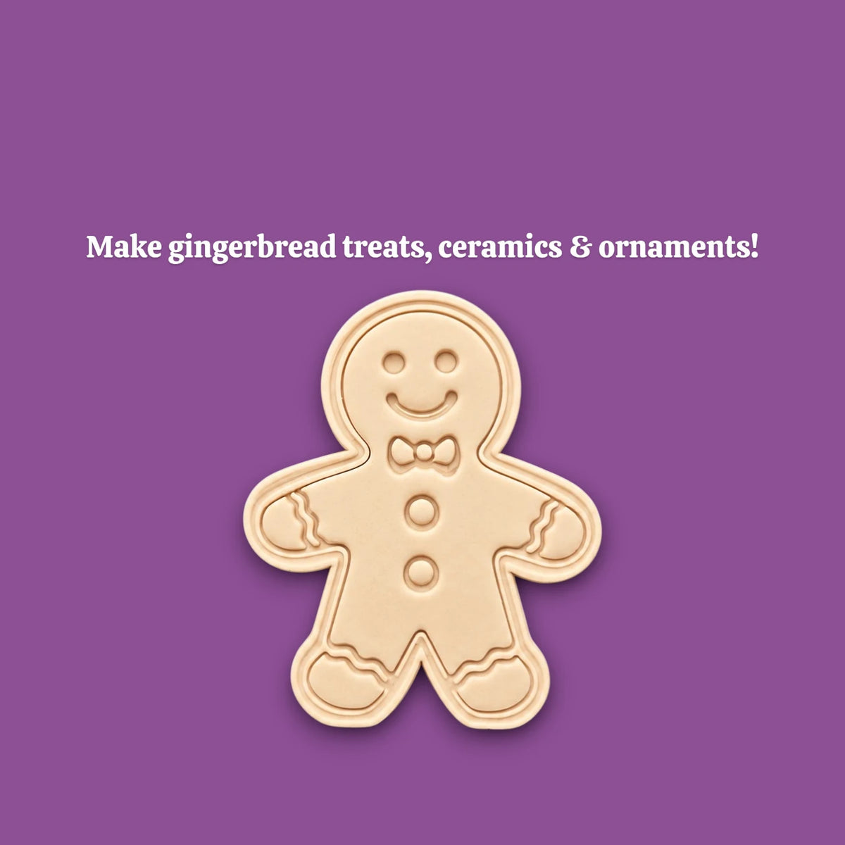 Holiday dough cutout with stamped gingerbread man design, ideal for Christmas cookies, fondant decorating, and festive baking with no piping needed.