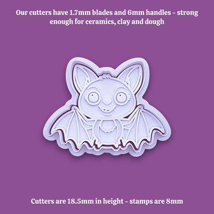 Cute bat cookie cutter with stamp - adds cute Halloween charm. Complete with cute details for whimsical baking, parties, or spooky gifting. Handmade and customizable in 30 colors.