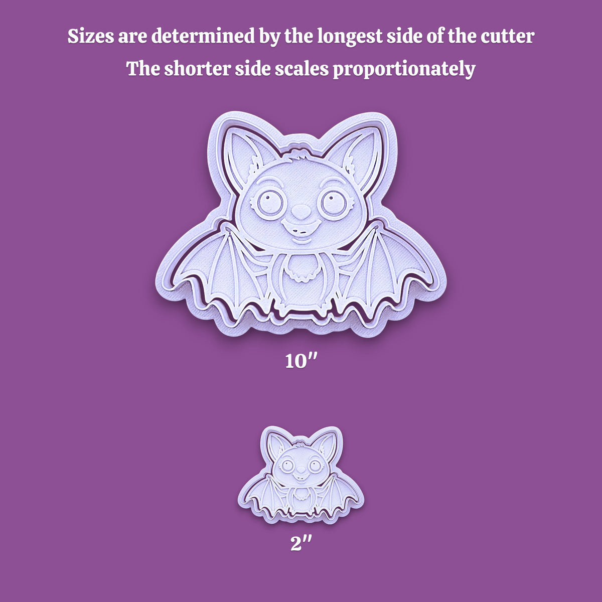 Sizing guide for the girly bat cookie cutter and stamp showing how increasing the size works.