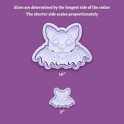 Sizing guide for the girly bat cookie cutter and stamp showing how increasing the size works.