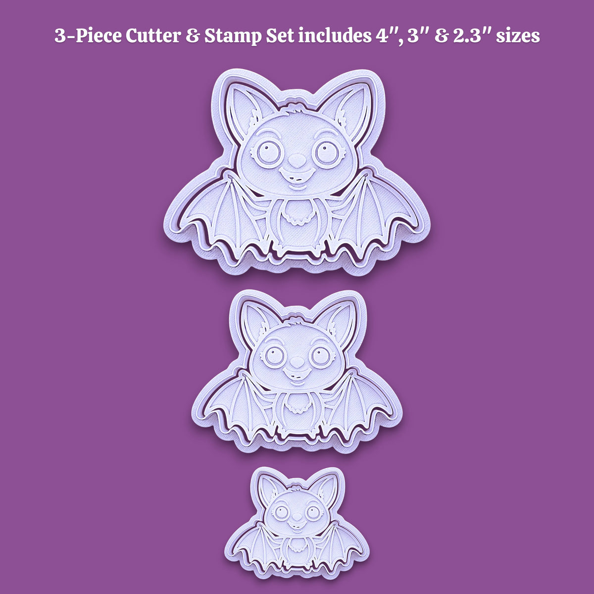 Three cute bat cookie cutters with stamps - adds cute Halloween charm. Complete with cute details for whimsical baking, parties, or spooky gifting. Handmade and customizable in 30 colors.