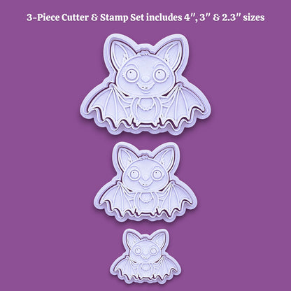 Three cute bat cookie cutters with stamps - adds cute Halloween charm. Complete with cute details for whimsical baking, parties, or spooky gifting. Handmade and customizable in 30 colors.