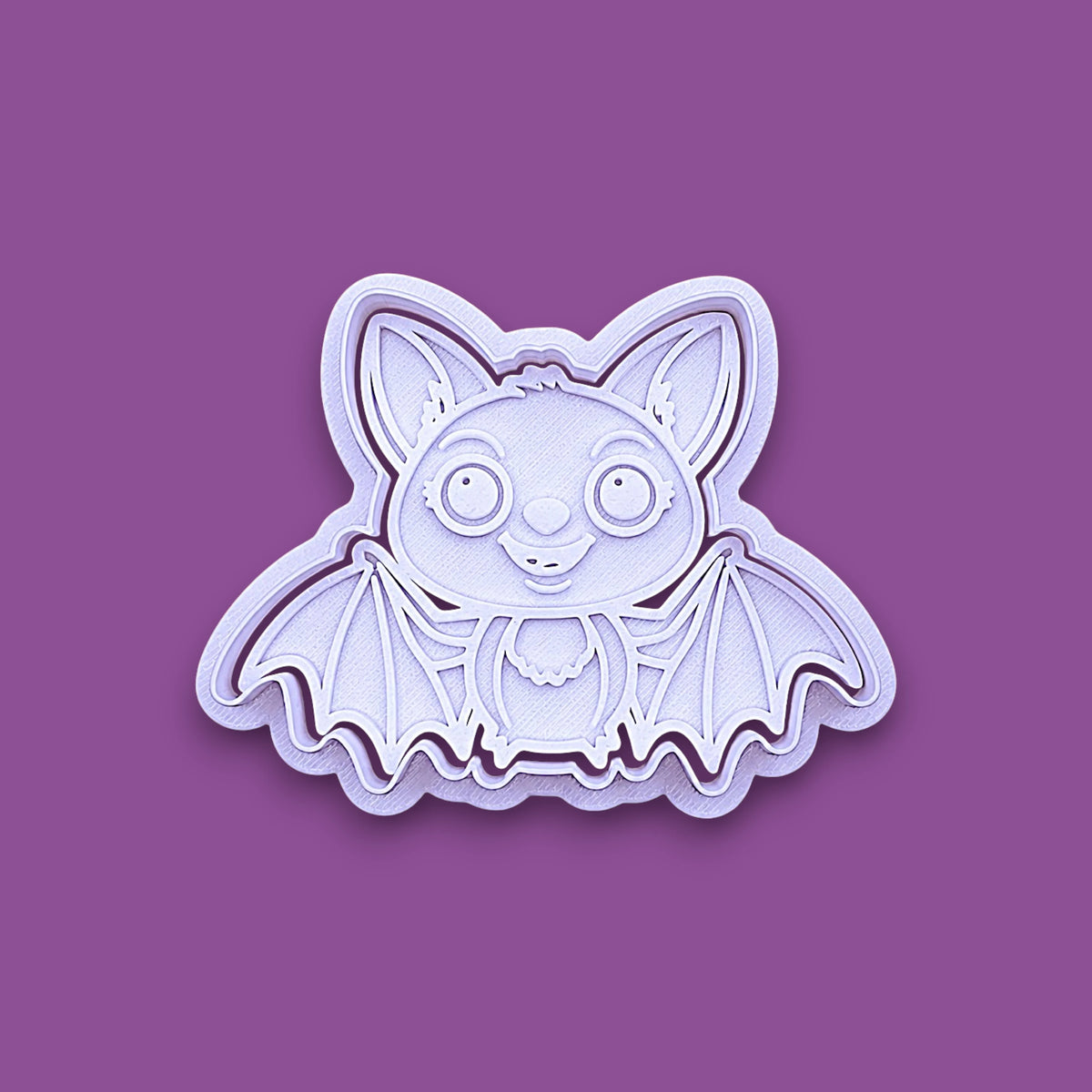 Cute bat cookie cutter with stamp - adds cute Halloween charm. Complete with cute details for whimsical baking, parties, or spooky gifting. Handmade and customizable in 30 colors.