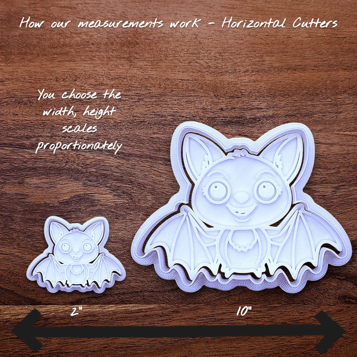 Sizing guide for the girly bat cookie cutter and stamp showing how increasing the size works.