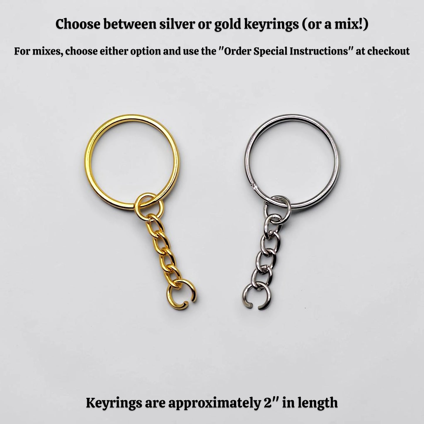 Gold and silver keychains on a light gray background with text about keychain options.