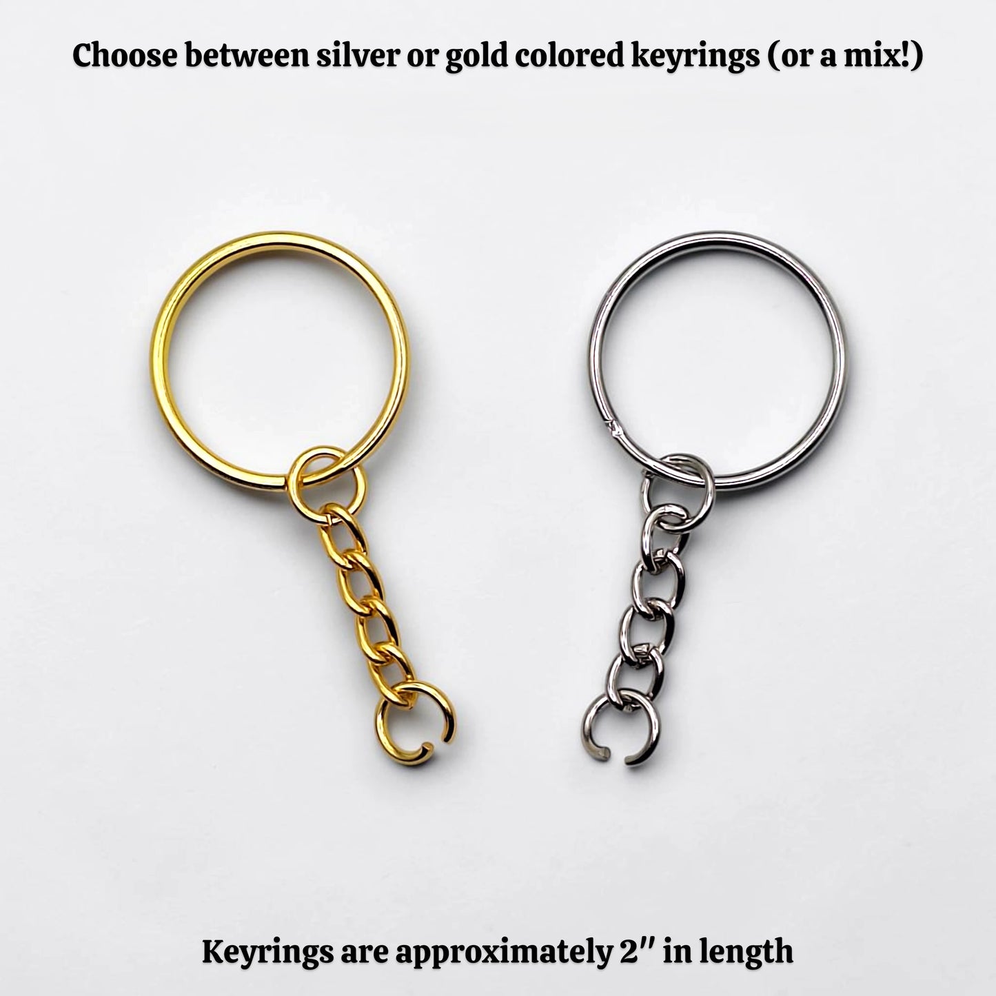 Gold and silver keychains on a light gray background with text about keychain options.