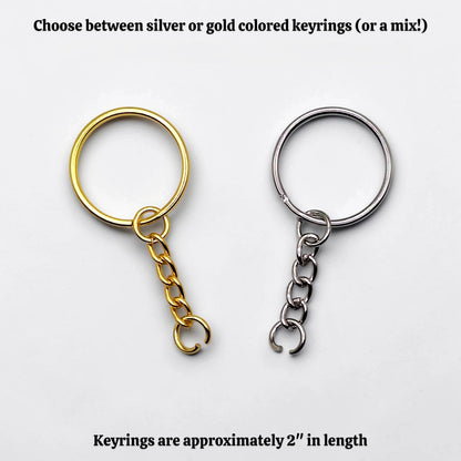 Gold and silver keychains on a light gray background with text about keychain options.