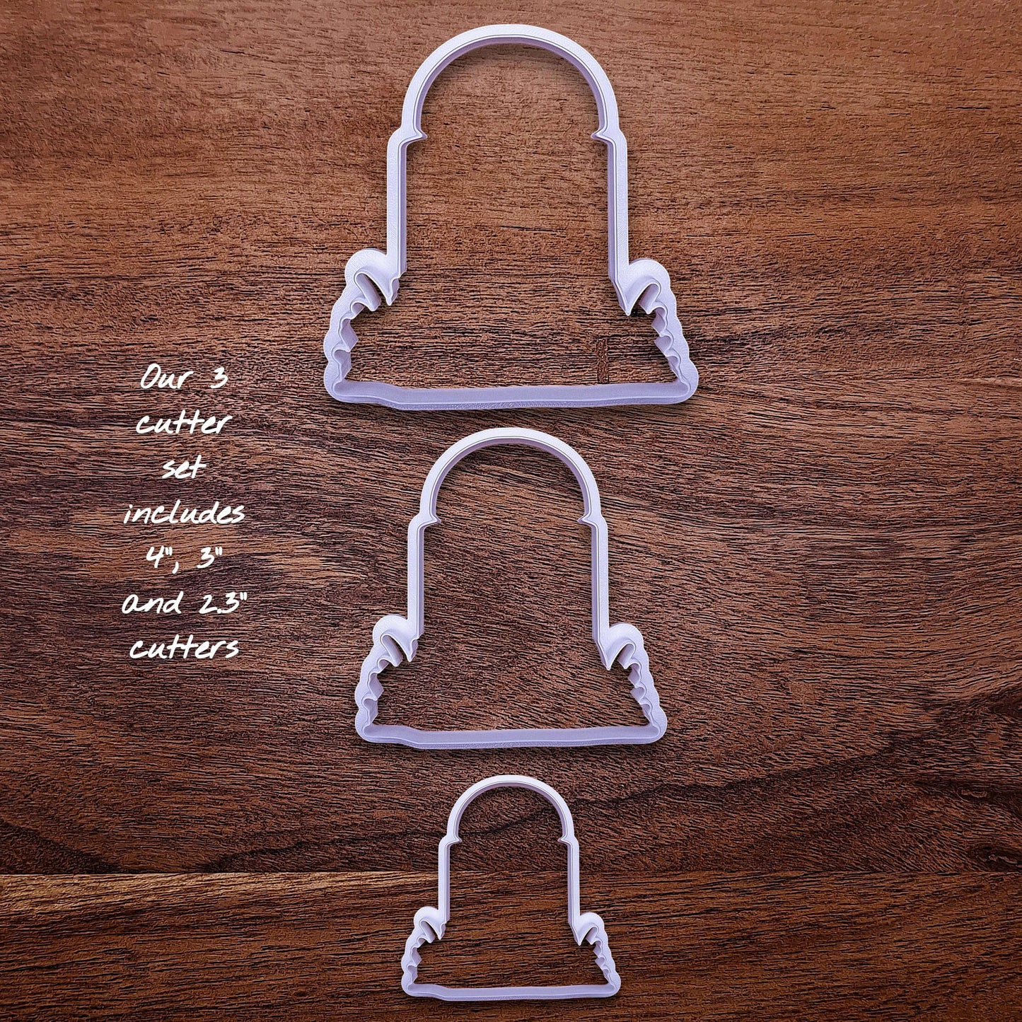 Set of 3 tombstone cookie cutters in large, medium, and small. Great for Halloween baking, crafts, or creepy gift sets.