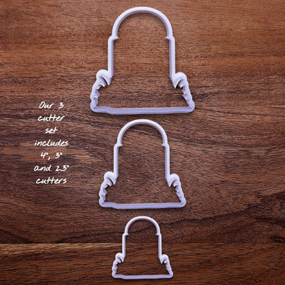 Set of 3 tombstone cookie cutters in large, medium, and small. Great for Halloween baking, crafts, or creepy gift sets.