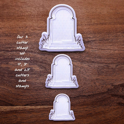 Gravestone cookie cutter and stamp set in 3 sizes. Perfect for Halloween baking, haunted house parties, or spooky fondant toppers.