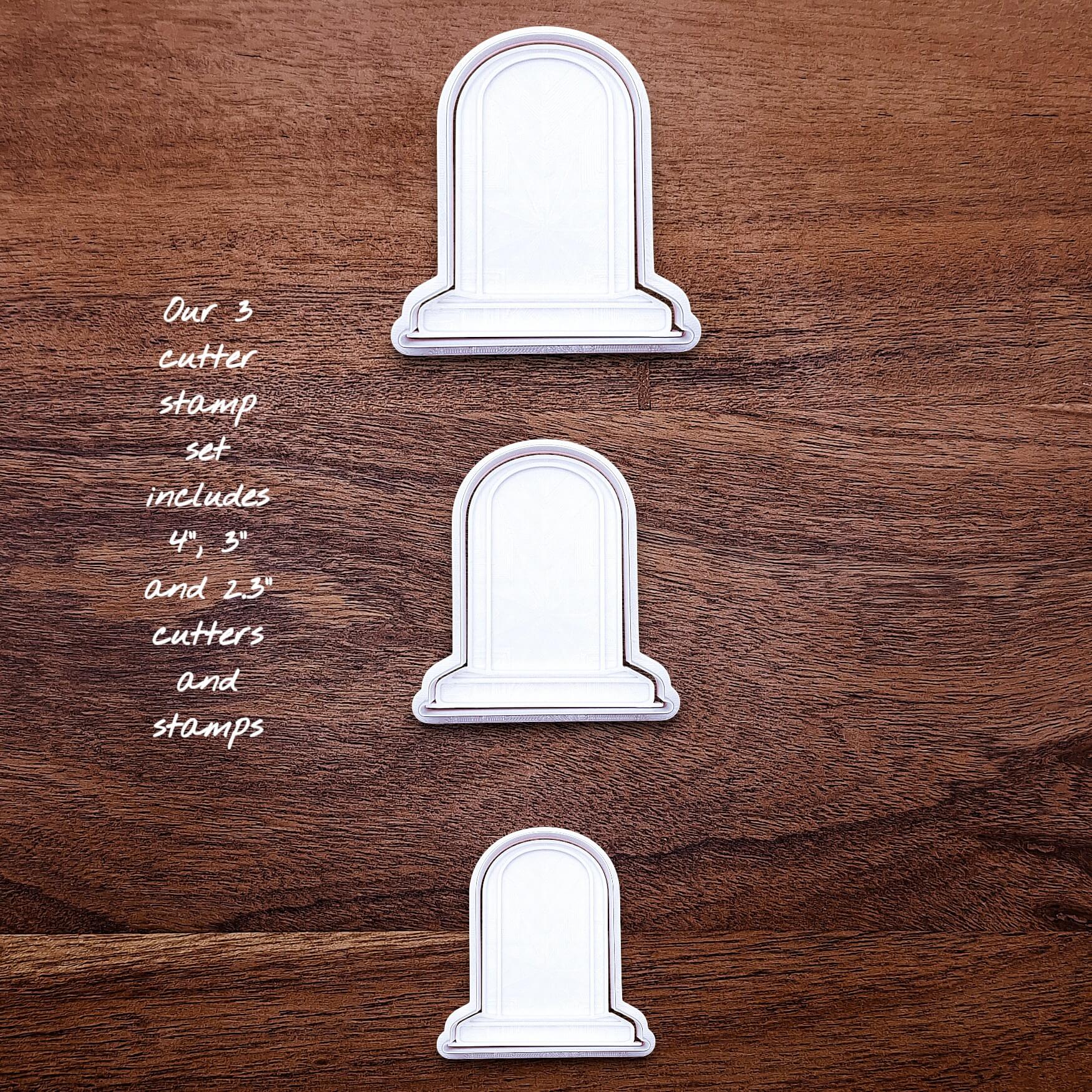 Gravestone cookie cutter and stamp set in 3 sizes. Perfect for Halloween baking, haunted house parties, or spooky fondant toppers.