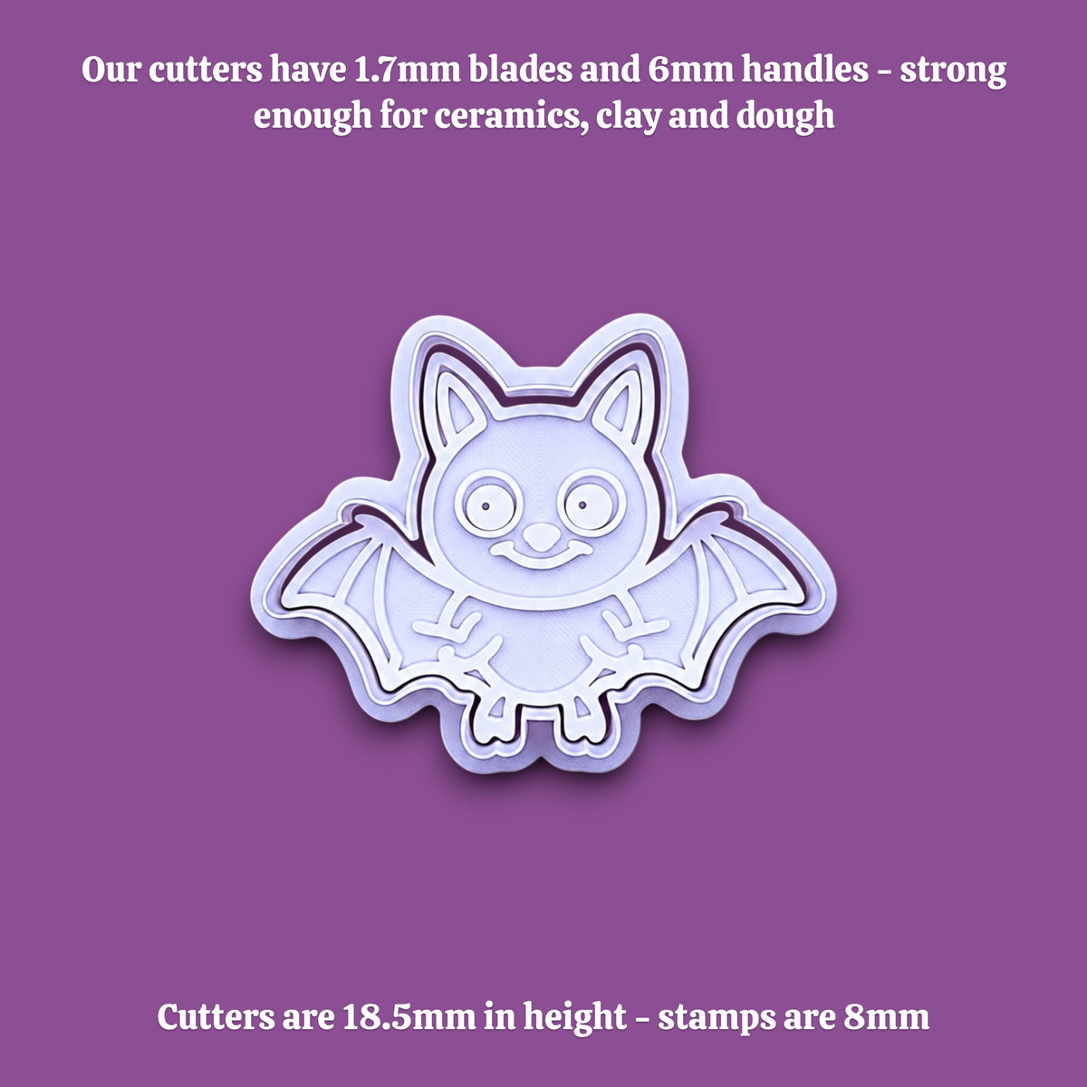 Bat cookie cutter with matching stamp with dimensions for the handles and cutter on the top and bottom, perfect for spooky Halloween cookies, fondant crafts, and gothic-themed baking projects.