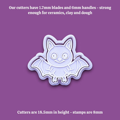 Bat cookie cutter with matching stamp with dimensions for the handles and cutter on the top and bottom, perfect for spooky Halloween cookies, fondant crafts, and gothic-themed baking projects.