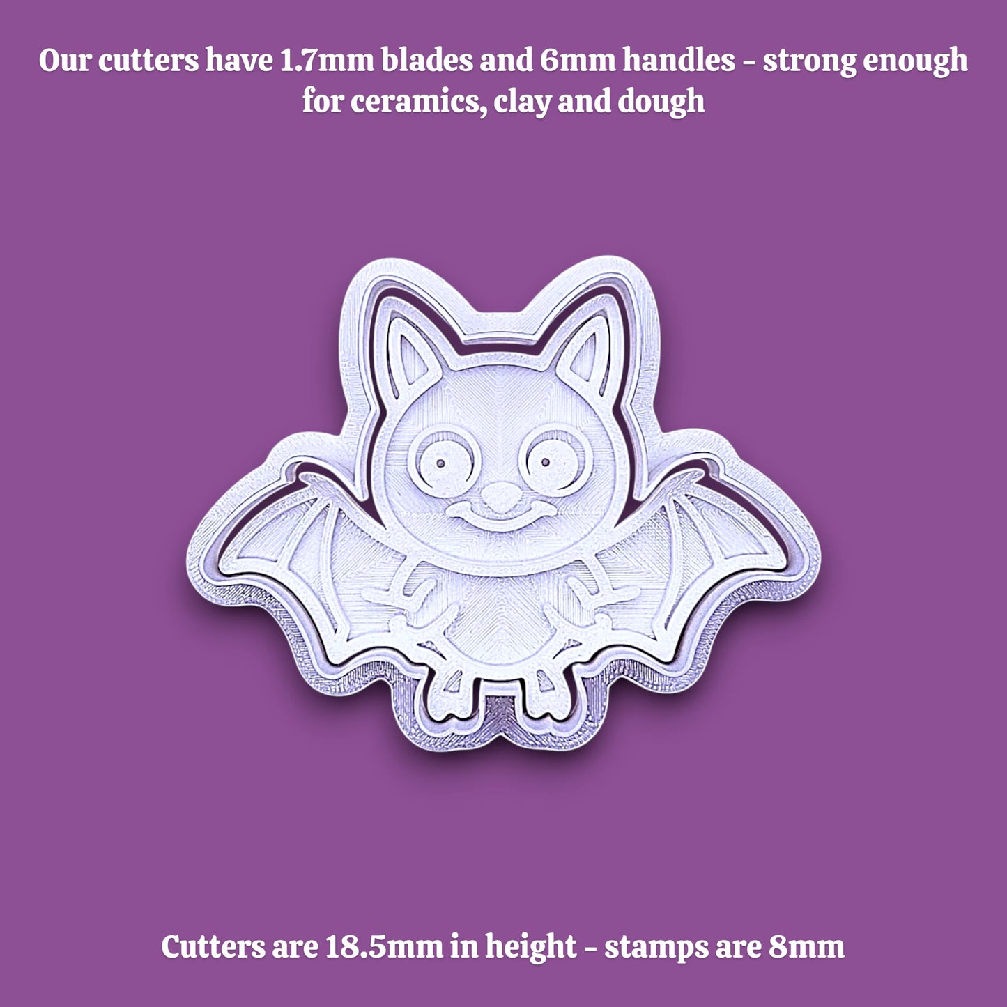 Bat cookie cutter with matching stamp with dimensions for the handles and cutter on the top and bottom, perfect for spooky Halloween cookies, fondant crafts, and gothic-themed baking projects.