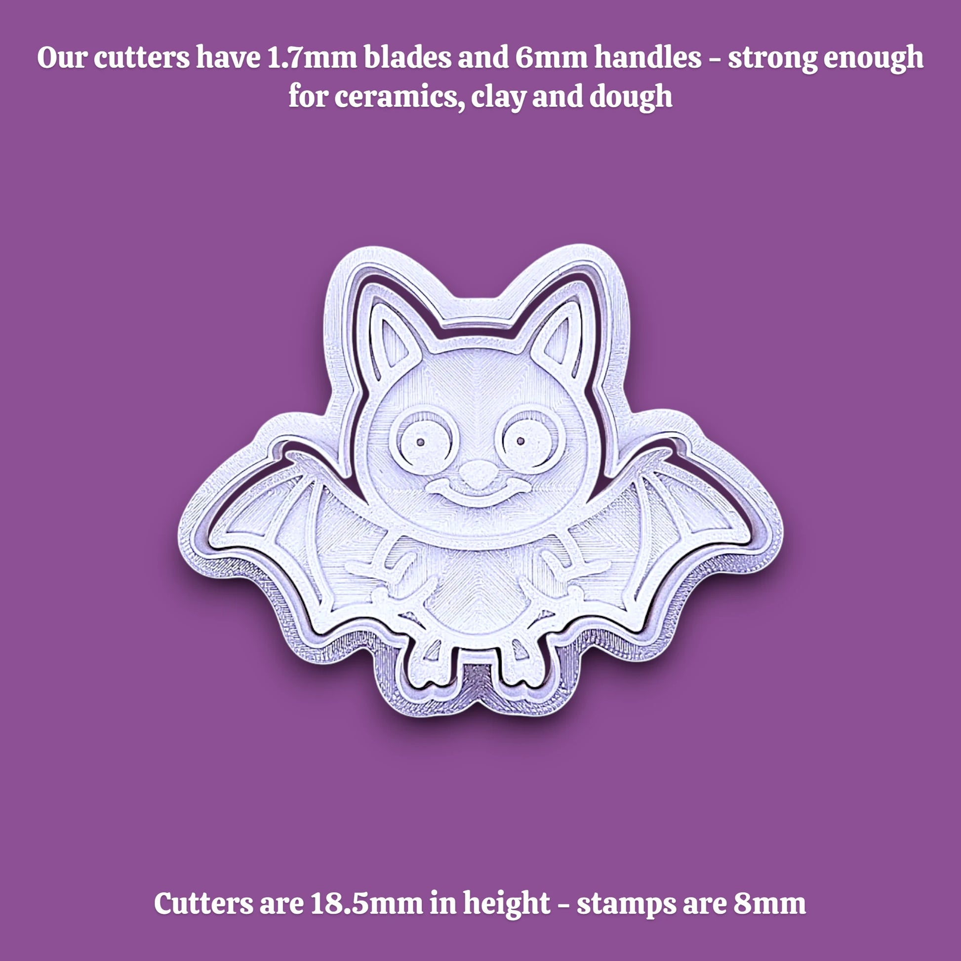 Bat cookie cutter with matching stamp with dimensions for the handles and cutter on the top and bottom, perfect for spooky Halloween cookies, fondant crafts, and gothic-themed baking projects.