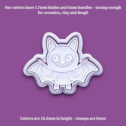Bat cookie cutter with matching stamp with dimensions for the handles and cutter on the top and bottom, perfect for spooky Halloween cookies, fondant crafts, and gothic-themed baking projects.
