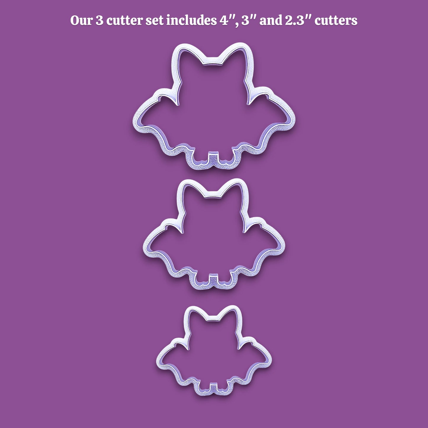 Three bat-shaped cookie cutters in sizes 4 inches, 3 inches, and 2.3 inches, displayed vertically on a solid purple background with white text at the top stating 'Our 3 cutter set includes 4", 3", and 2.3" cutters'.
