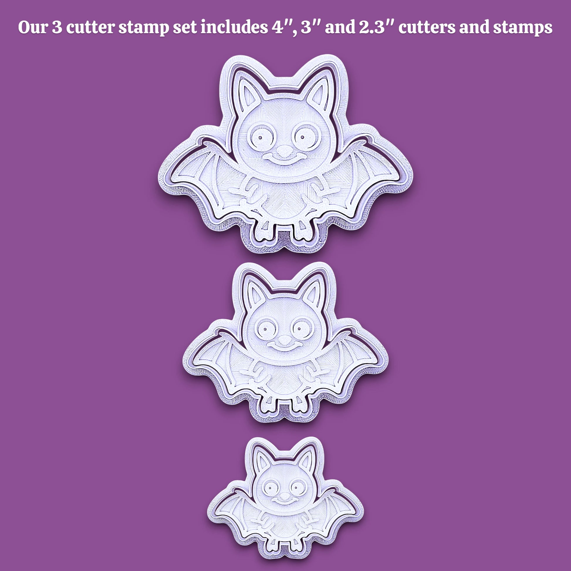 Three bat-shaped cookie cutters in sizes 4 inches, 3 inches, and 2.3 inches, displayed vertically on a solid purple background with white text at the top describing the set.