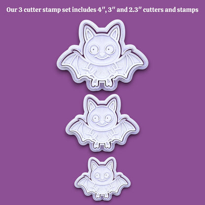 Three bat-shaped cookie cutters in sizes 4 inches, 3 inches, and 2.3 inches, displayed vertically on a solid purple background with white text at the top describing the set.