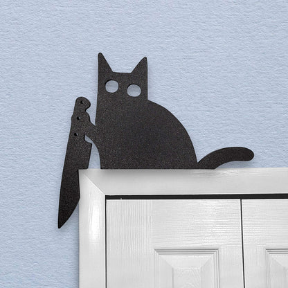 Spooky black cat door topper, handmade eco friendly entryway decoration, perfect Halloween gift or quirky conversation starter.