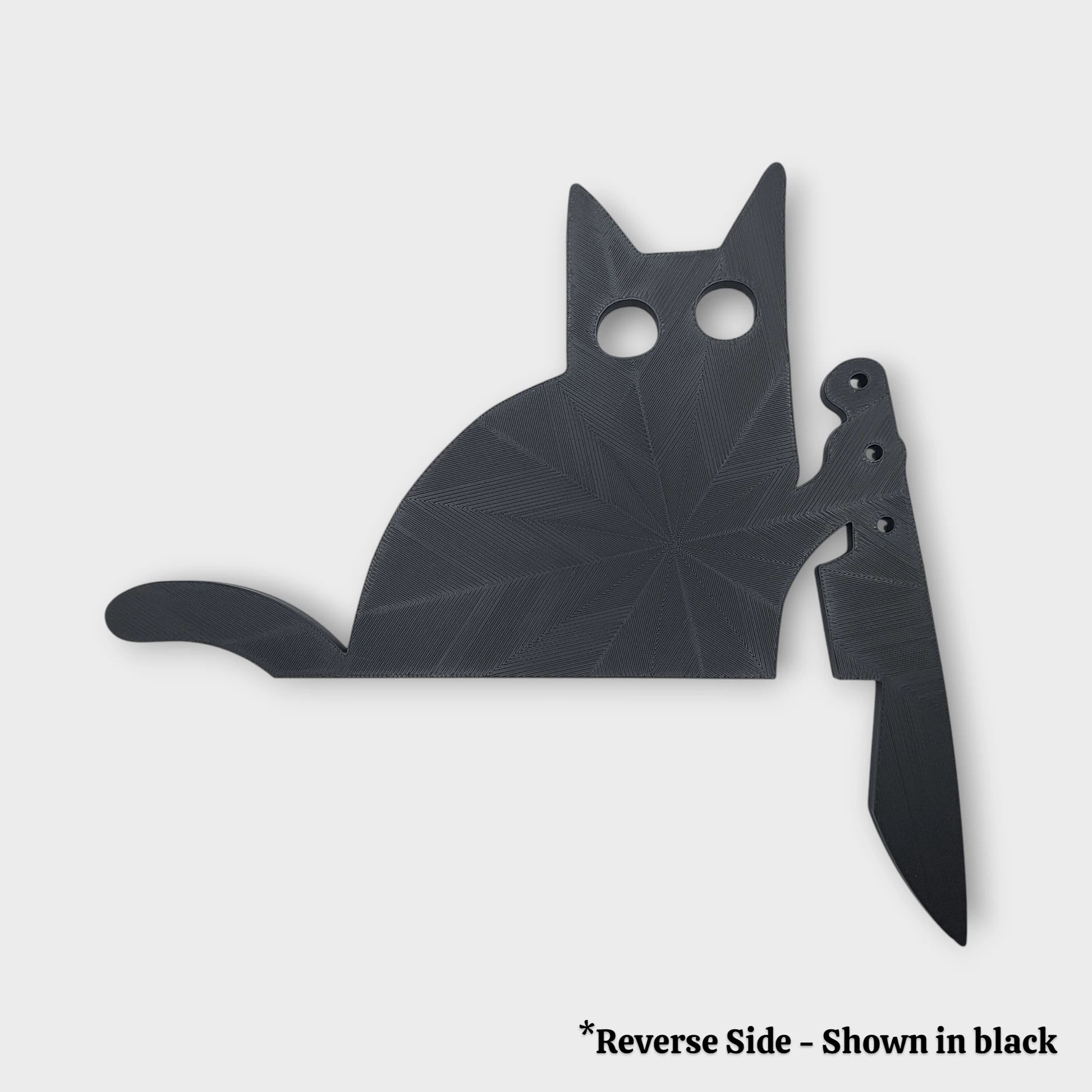 Black cat door topper with knife, creepy Halloween decor, funny gothic home accent, prank gift idea for cat lovers with dark humor.