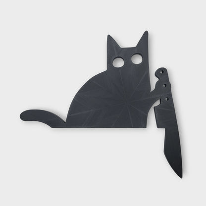 Black cat door topper holding knife, creepy Halloween decor, funny gothic home accent, prank gift idea for cat lovers with dark humor.