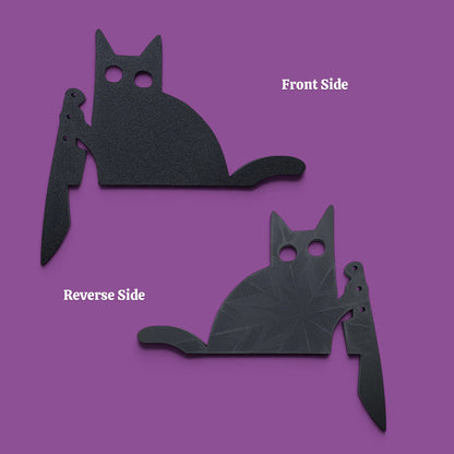 Black cat door topper, creepy Halloween decor, funny gothic home accent, prank gift idea for cat lovers with dark humor.
