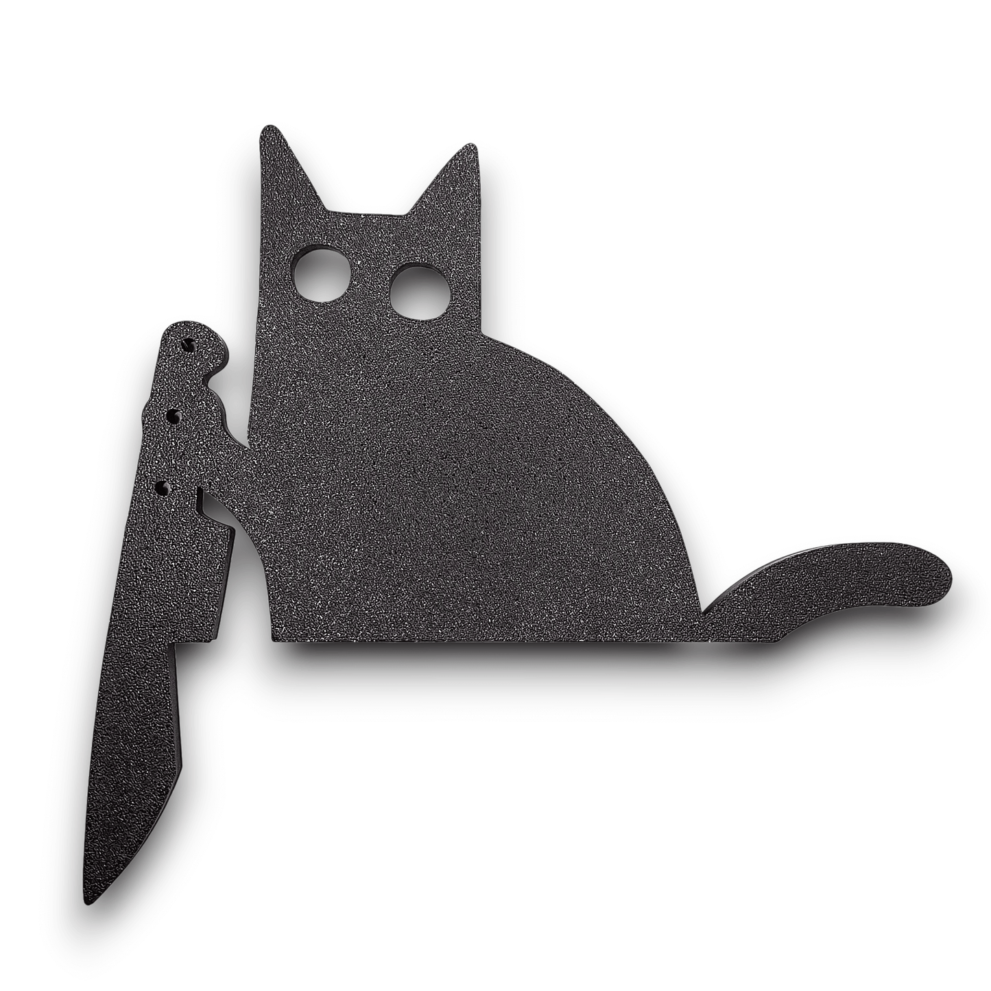 Black cat door topper holding knife, creepy Halloween decor, funny gothic home accent, prank gift idea for cat lovers with dark humor.