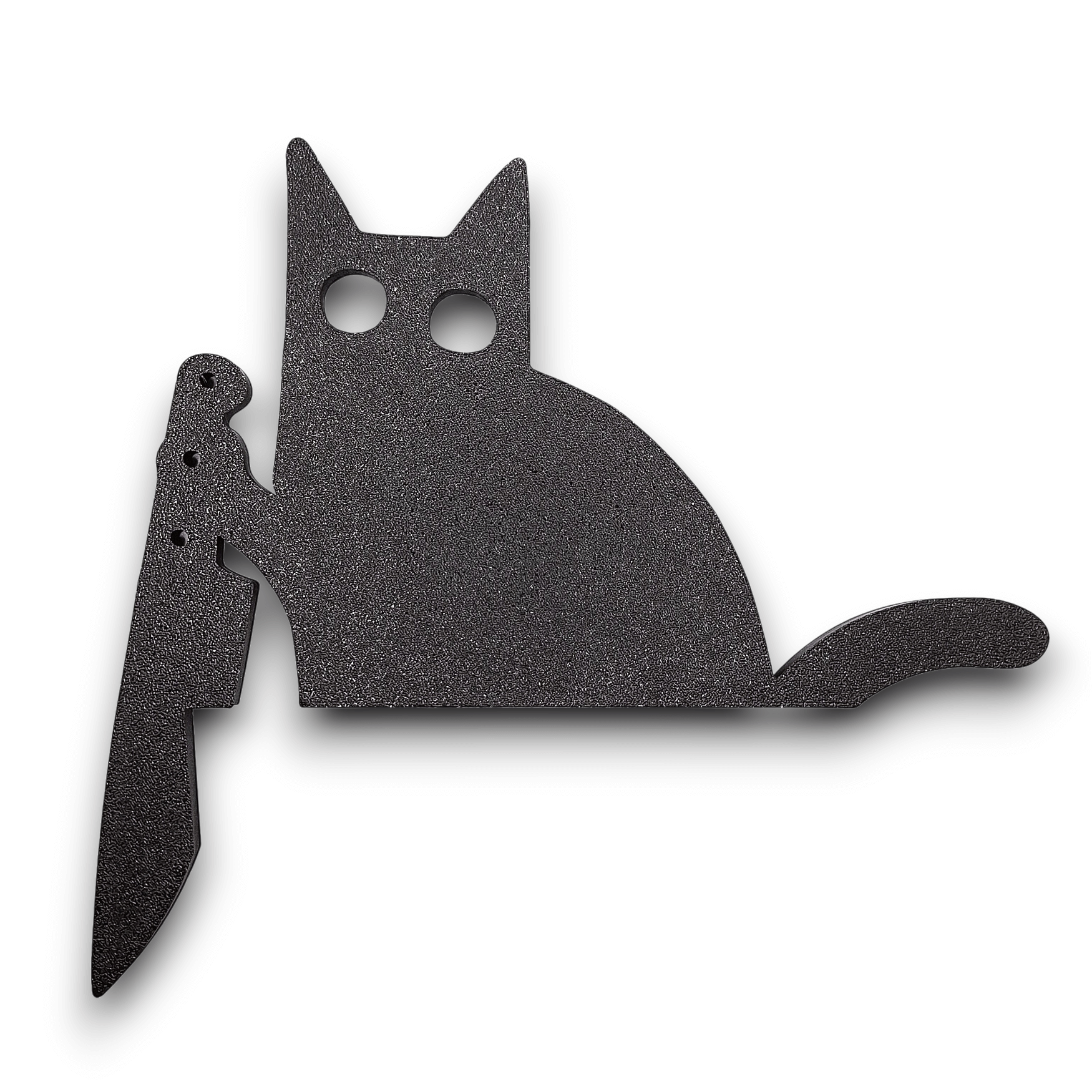 Black cat door topper holding knife, creepy Halloween decor, funny gothic home accent, prank gift idea for cat lovers with dark humor.