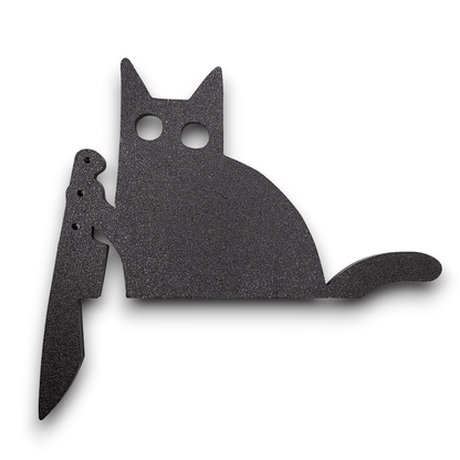 Black cat door topper holding knife, creepy Halloween decor, funny gothic home accent, prank gift idea for cat lovers with dark humor.