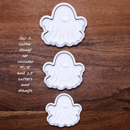 Handmade and customizable ghost cookie cutter and stamp set, great for baking Halloween trick or treats or kid-friendly spooky snacks.