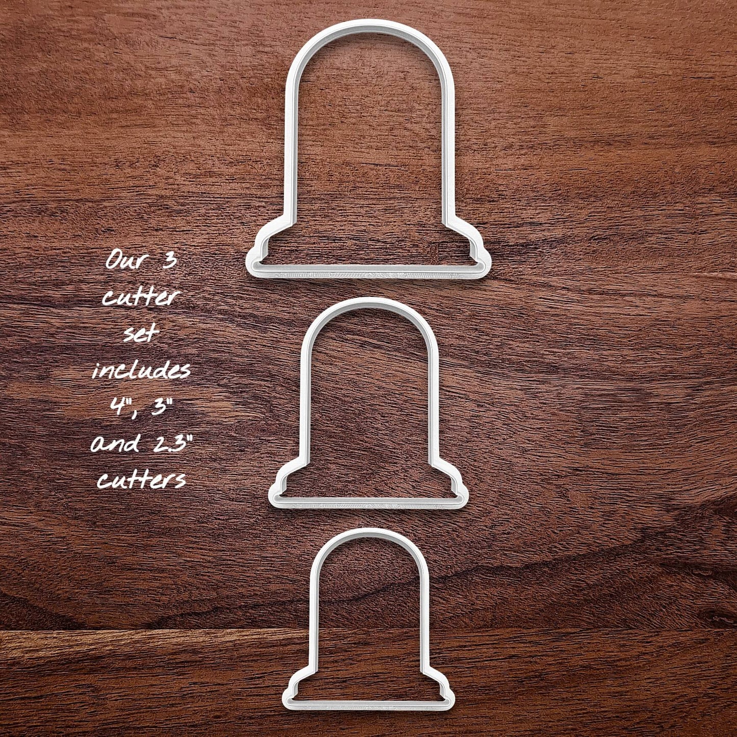 Set of 3 tombstone cookie cutters in large, medium, and small. Great for Halloween baking, crafts, or creepy gift sets.