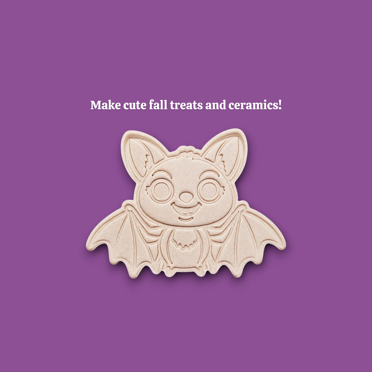 Stamped cute bat cookie dough with cute details from cutter and stamp set—perfect for cute and spooky Halloween bakes without the need for piping.