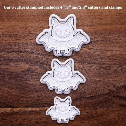 Bat cookie cutters with matching stamps, perfect for spooky Halloween cookies, fondant crafts, and gothic-themed baking projects.