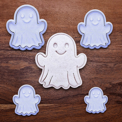 Customizable ghost cookie cutter set with built-in stamps – perfect for Halloween baking, fondant, crafts, and spooky treats in multiple sizes.