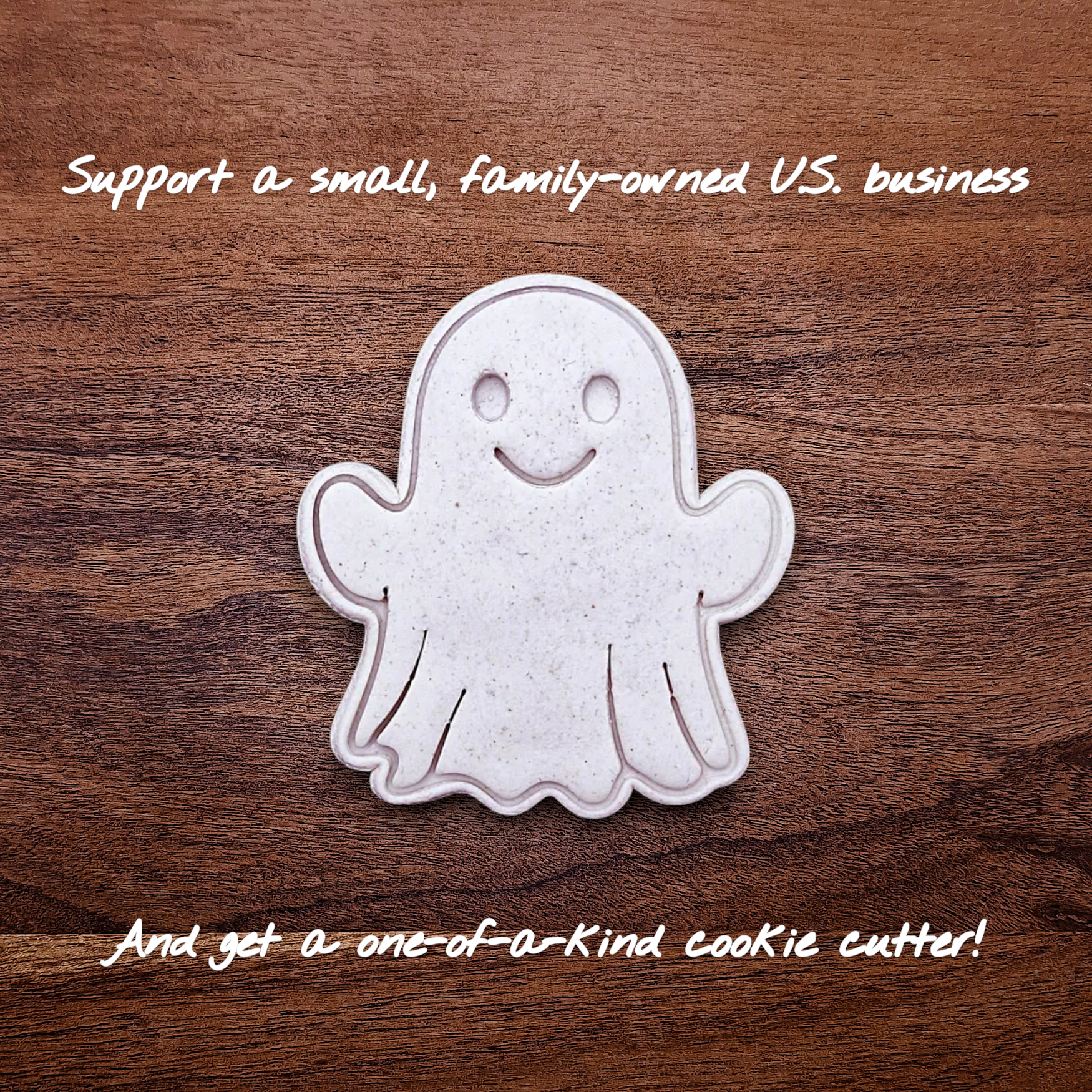 Ghost cookie cutter stamping spooky face into dough – great for Halloween cookies, fondant, or crafts with clean, detailed imprints.