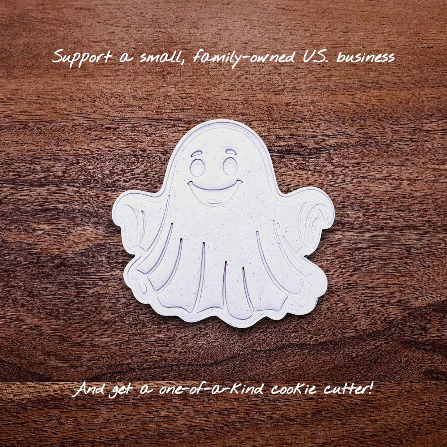Ghost cookie dough cutouts with smiling face and floating arms. Perfect for cute Halloween treats, fall parties, or baking with kids.