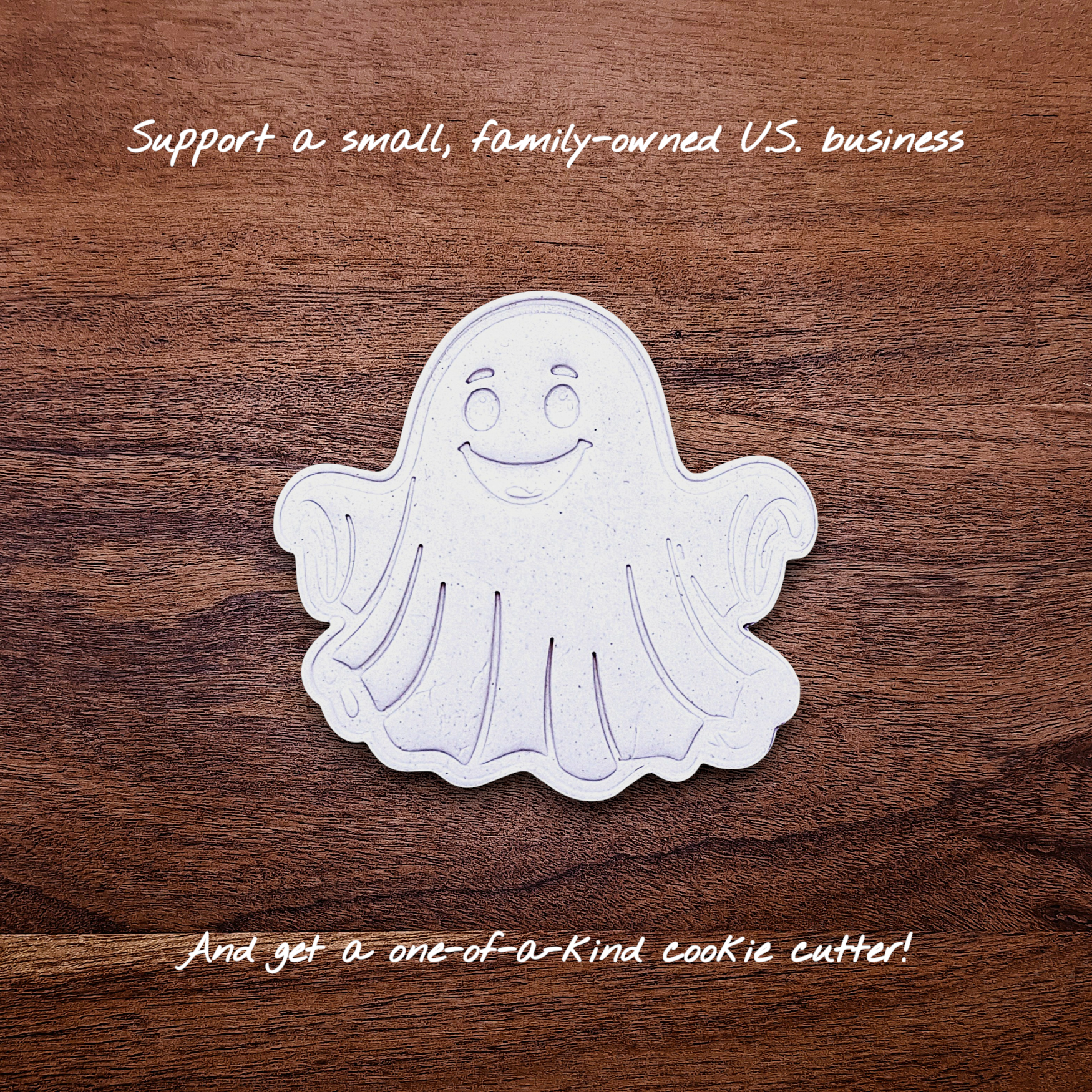 Ghost cookie dough cutouts with smiling face and floating arms. Perfect for cute Halloween treats, fall parties, or baking with kids.