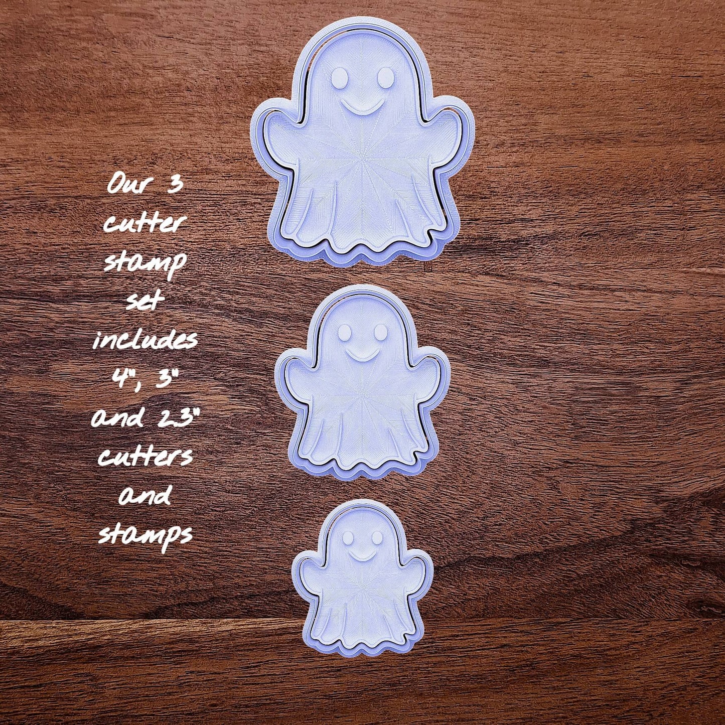 Customizable ghost cookie cutter set with built-in stamps – perfect for Halloween baking, fondant, crafts, and spooky treats in 3 sizes.