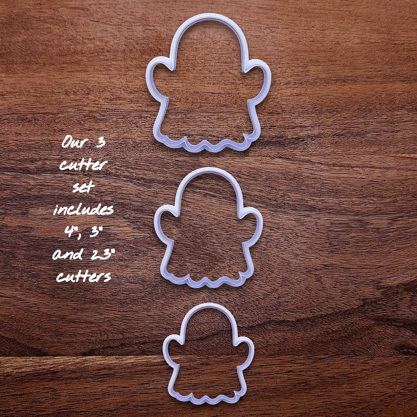 Three ghost-shaped cookie cutters – versatile Halloween baking tool for cookies, fondant, crafts, or clay projects.