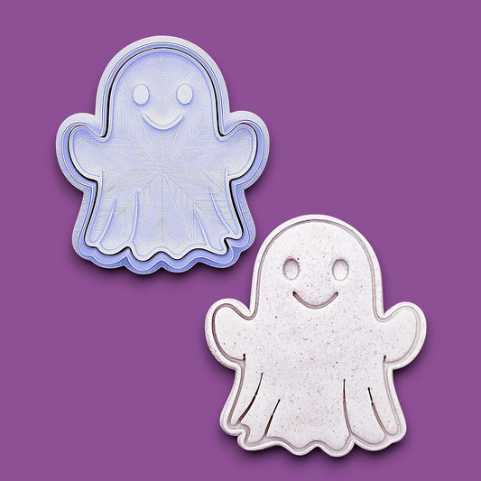 Ghost cookie cutter set with stamp – perfect for Halloween baking, fondant, crafts, and spooky treats in multiple sizes.