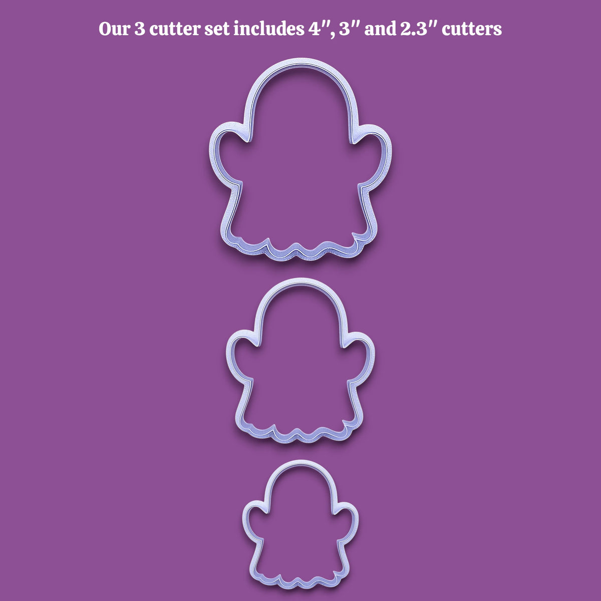 Three ghost-shaped cookie cutters – versatile Halloween baking tool for cookies, fondant, crafts, or clay projects.